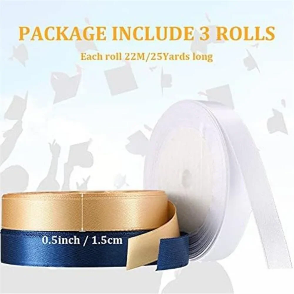 3 Roll Satin Ribbon White Navy Blue Gold Double Face 25 Yards for Gift Wrapping